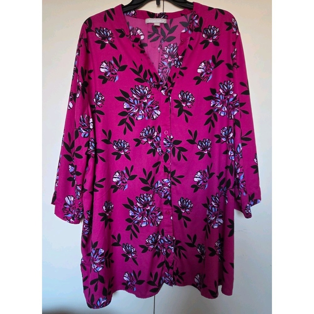 WOMAN WITHIN Fushia Floral Tunic Size 1X (22/24) Long Sleeve Button Down ~EUC~
